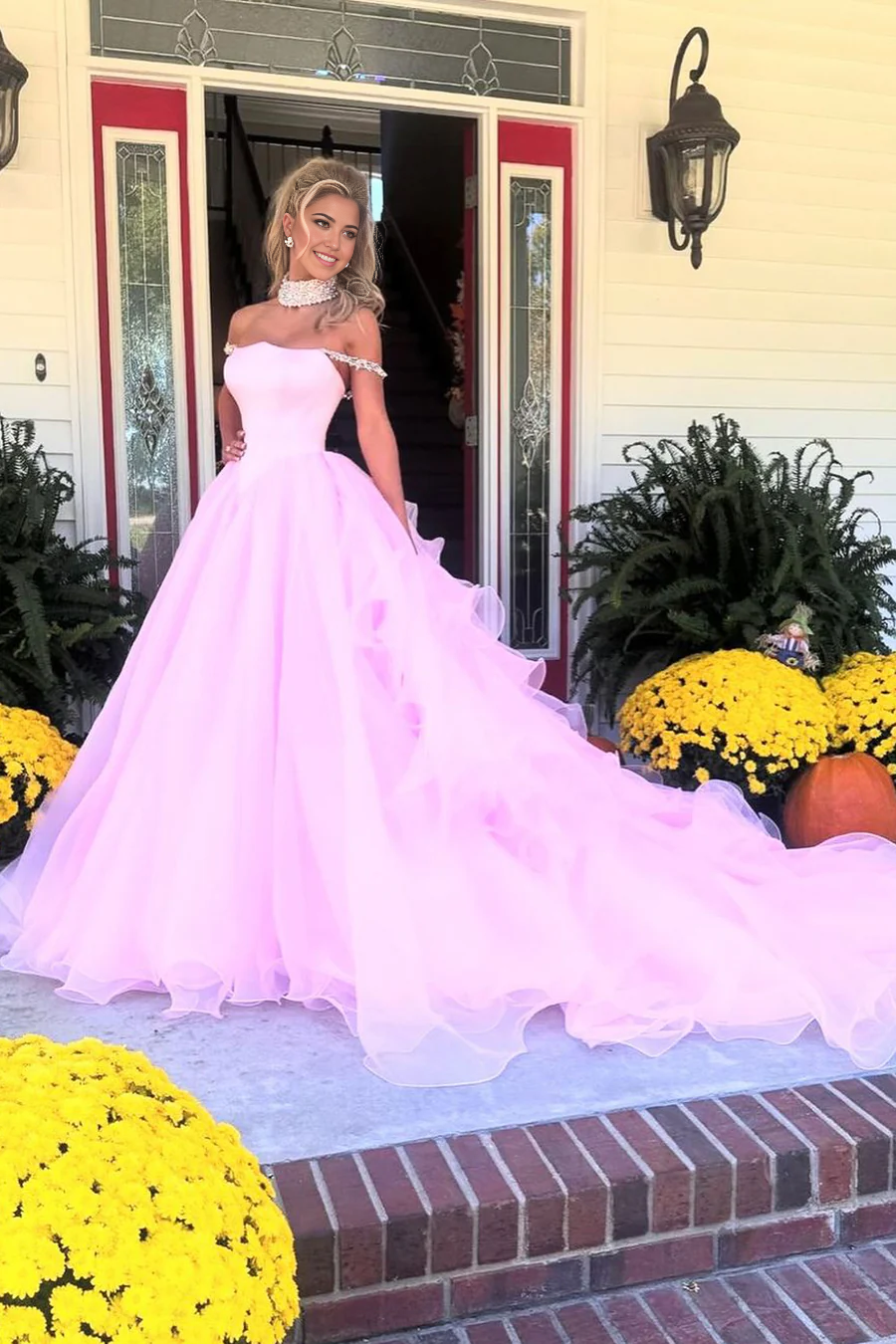 A-line Off the Shoulder Tulle Pink Gorgeous Ball Gown evening gown formal dresses Prom Dresses
